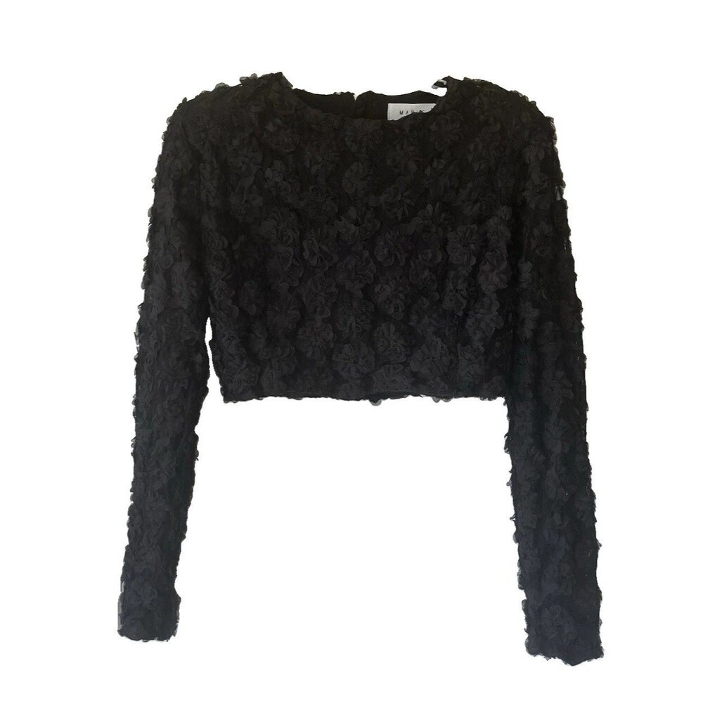 MABLE black long-sleeve crop top Size Small 3-D textured floral rose design